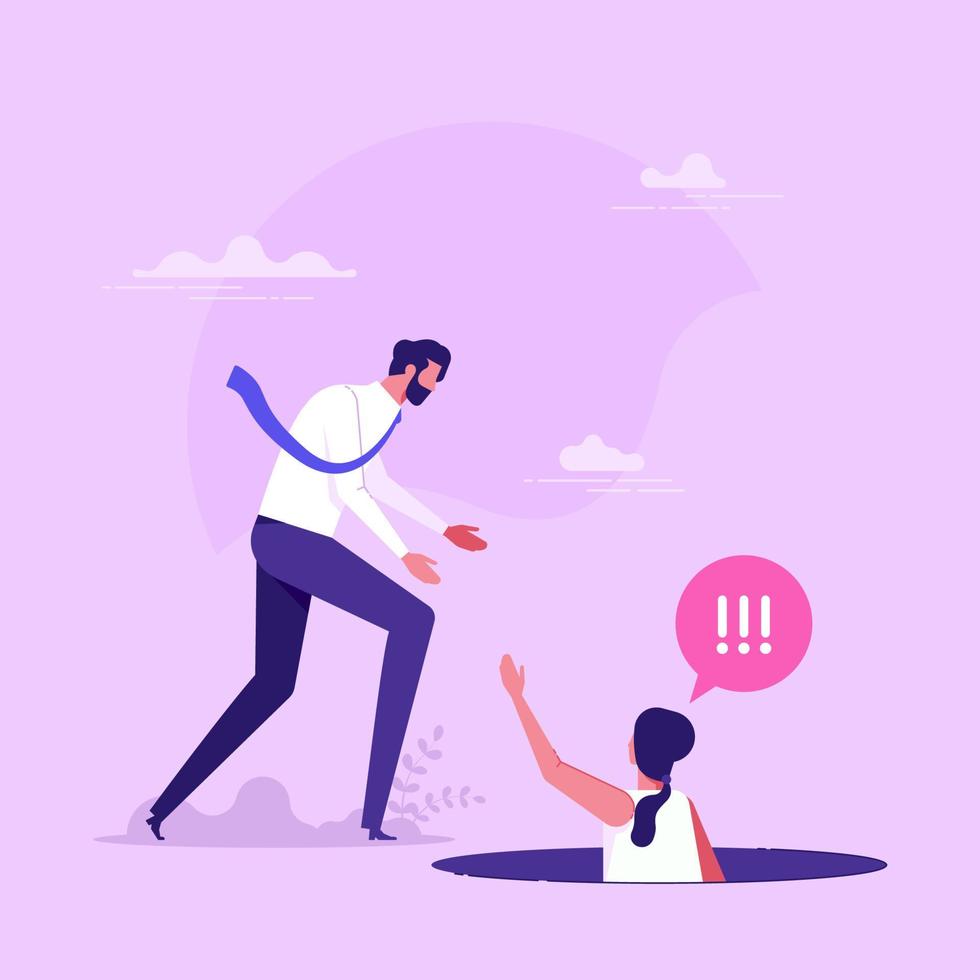 Businessman rescuing fallen into pit or hole Concept of helping hands friend support vector