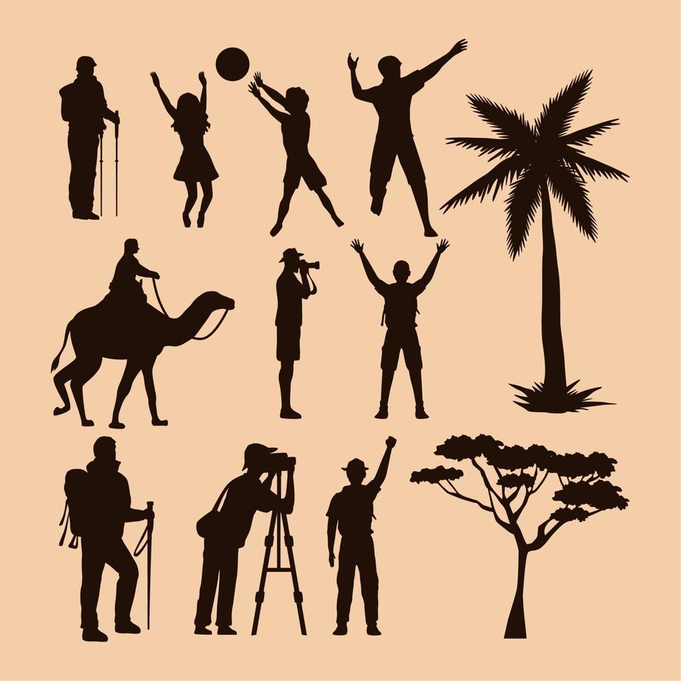 twelve travel silhouettes icons vector