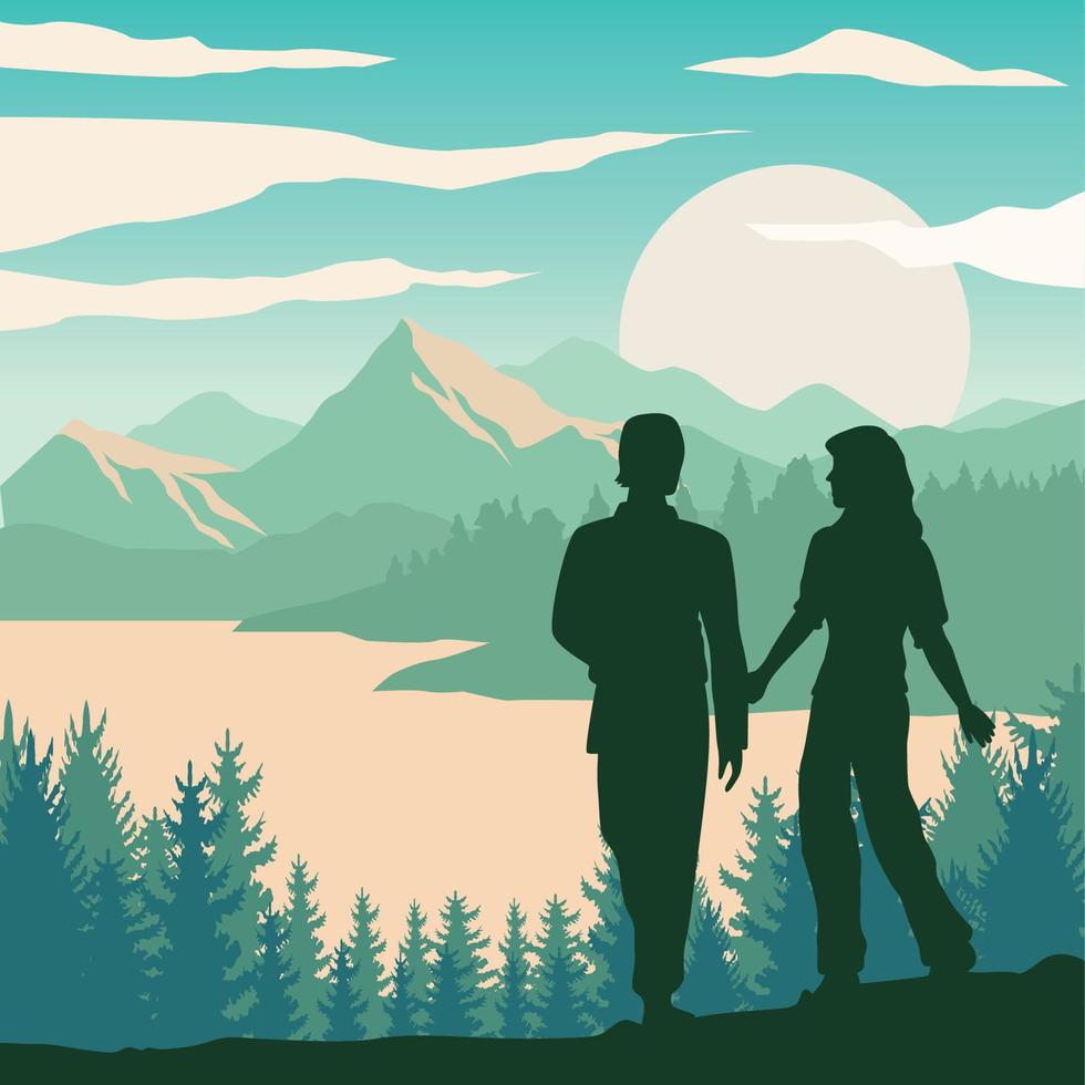 couple walking in green landscape vector