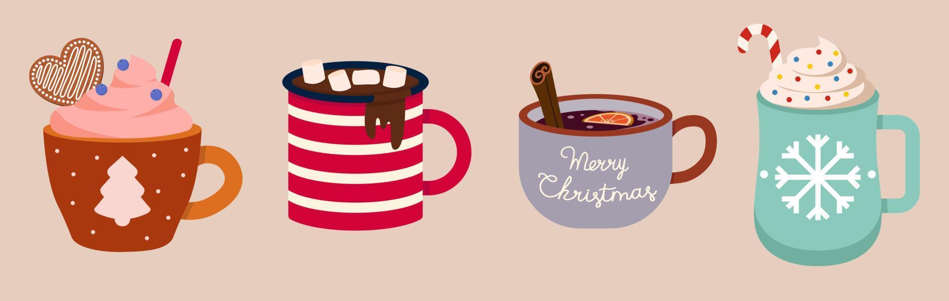 Set Of Christmas Beverages, Drinks With Marshmallow Colorful Vector Illustration In Flat Style