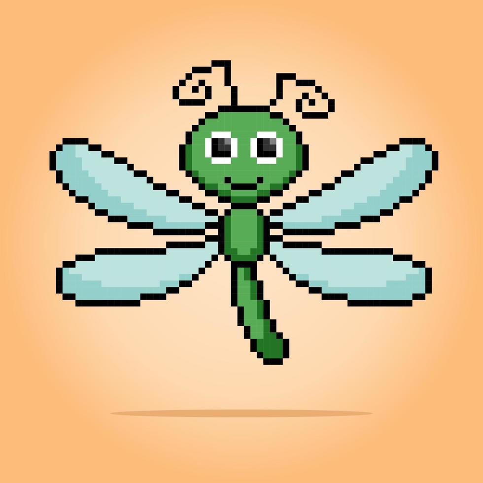 Pixel 8 bit dragonfly. Animal pixels for game assets in vector illustration.