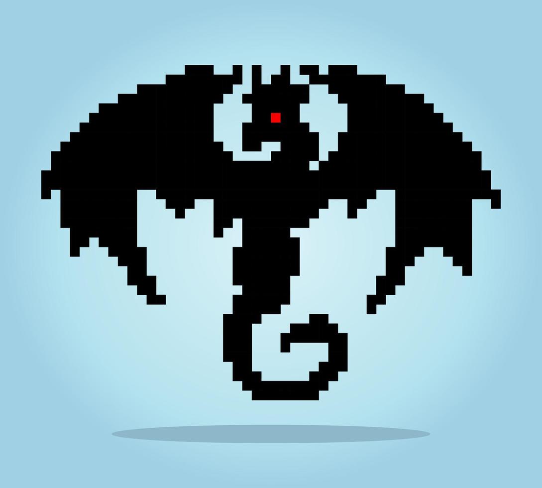 8-bit black dragon pixel image. Animals in vector illustrations.