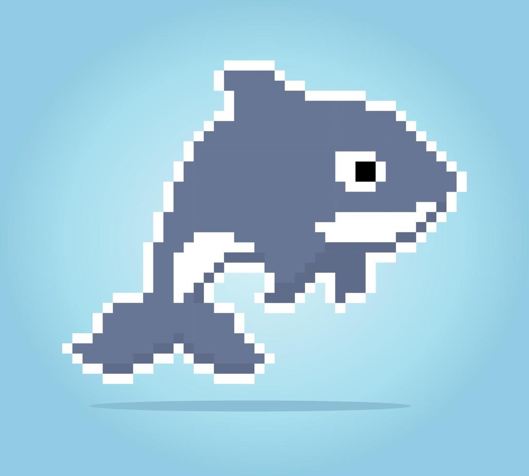 Delfines de píxeles de 8 bits. animales para juegos de activos en ilustraciones vectoriales. patrón de punto de cruz. vector