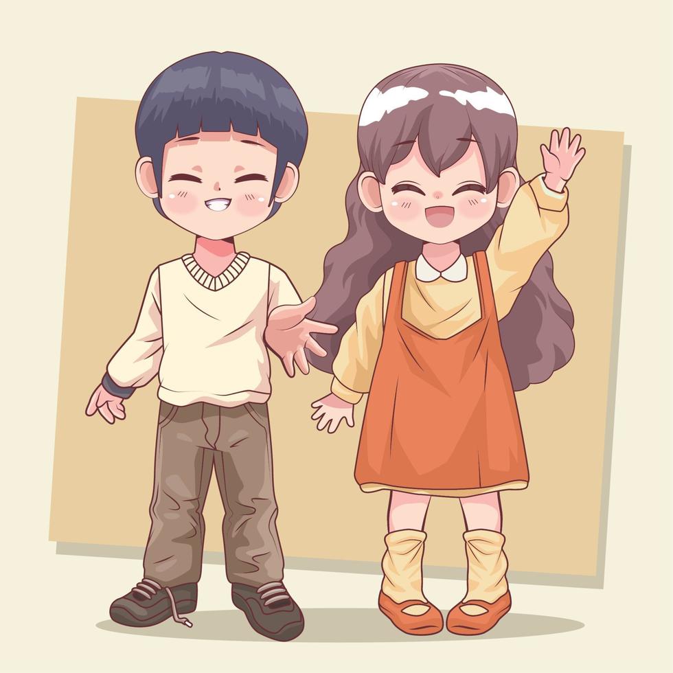 anime little kids couple vector