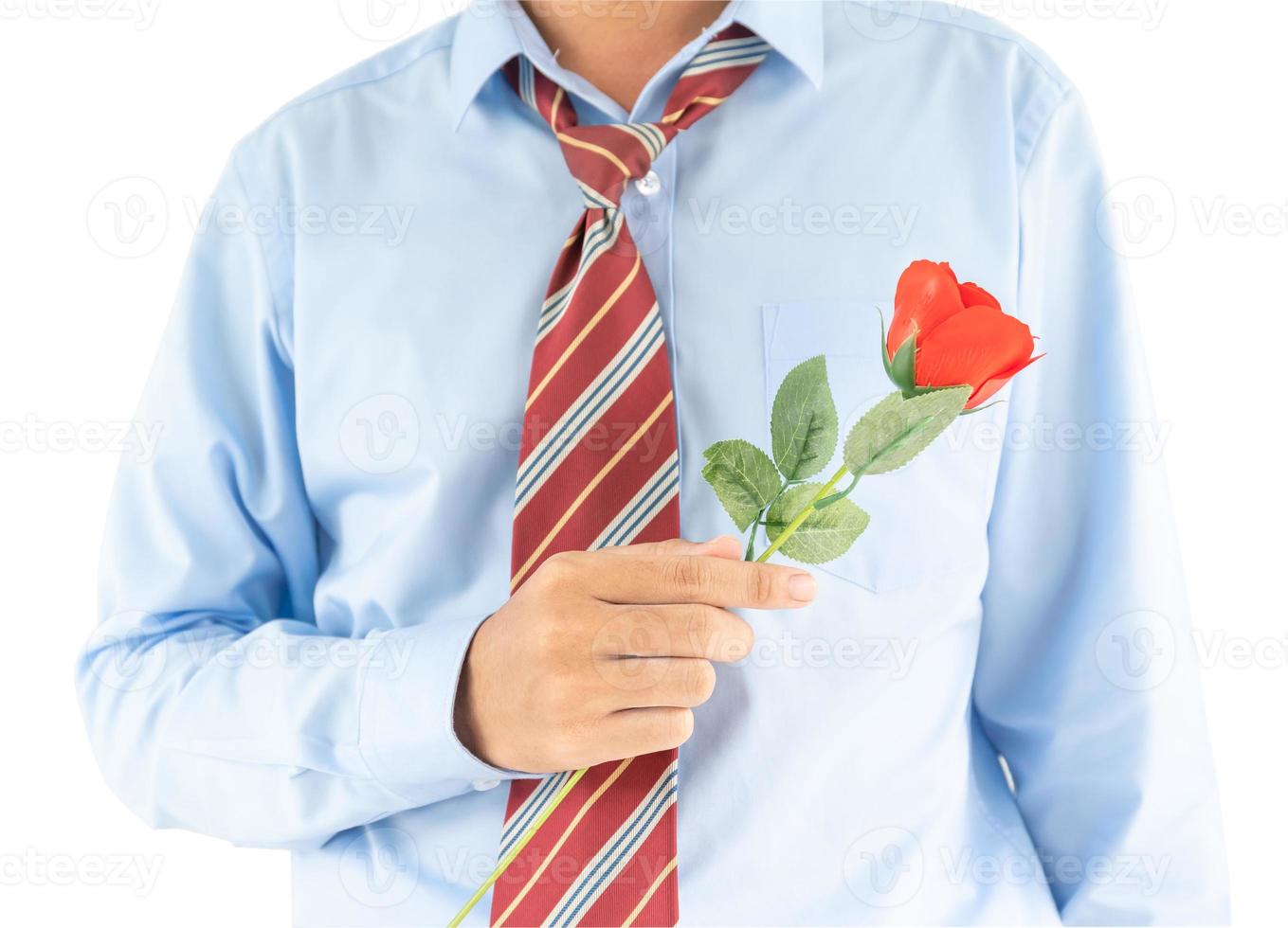 Man holding with red rose on white background photo