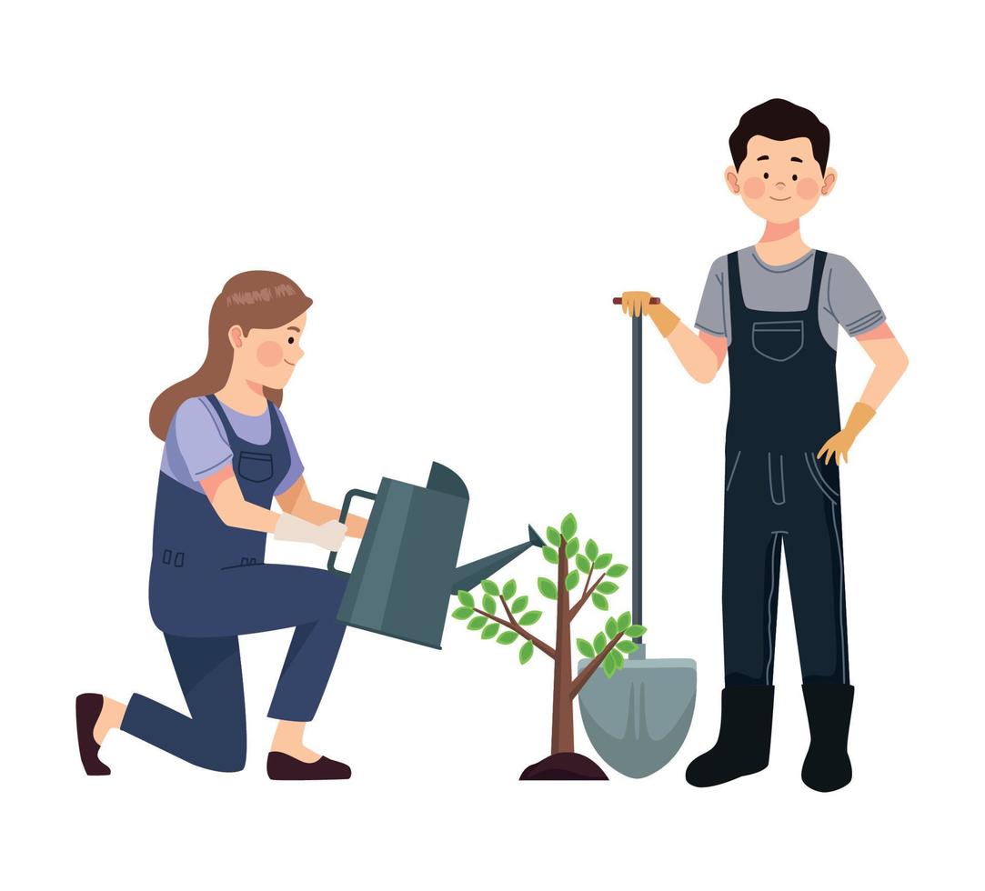 farmers couple planting tree vector