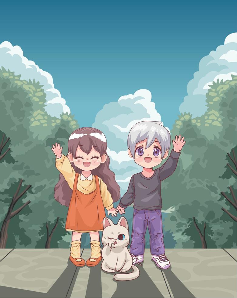 pareja de anime con gato en el paisaje vector