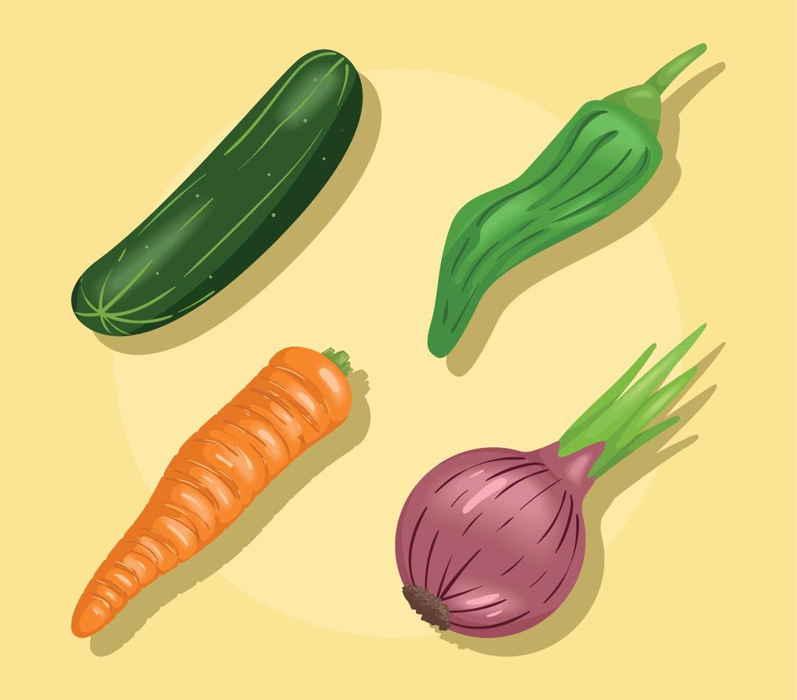 cuatro iconos de verduras frescas vector