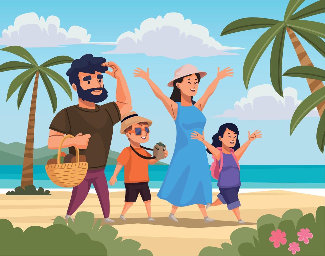 family travelers on the beach vector