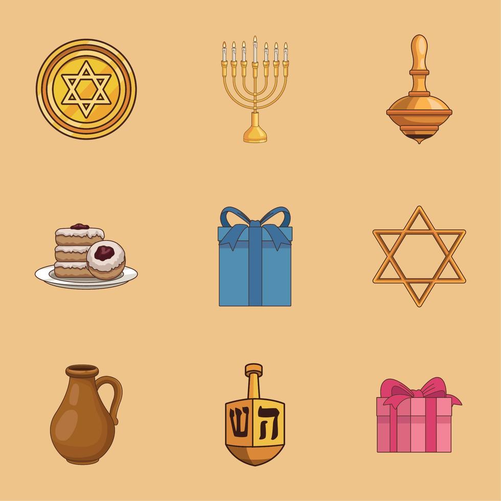 nine happy hanukkah icons vector