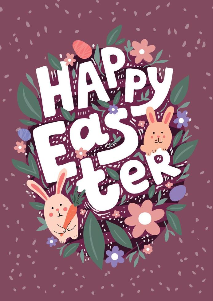 Happy Easter postcard. Flat illustration with easter bunnies, flowers and eggs. vector