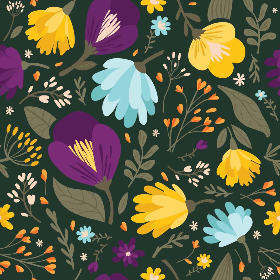 Colorful seamless pattern of wild flowers and leaves. Modern vector illustration.