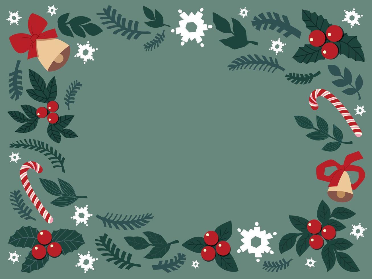 christmas background frame made of drawn cute elements. mistletoe, snowflakes, spruce, bells, lollipops. for Christmas cards, posters. vector flat illustration.