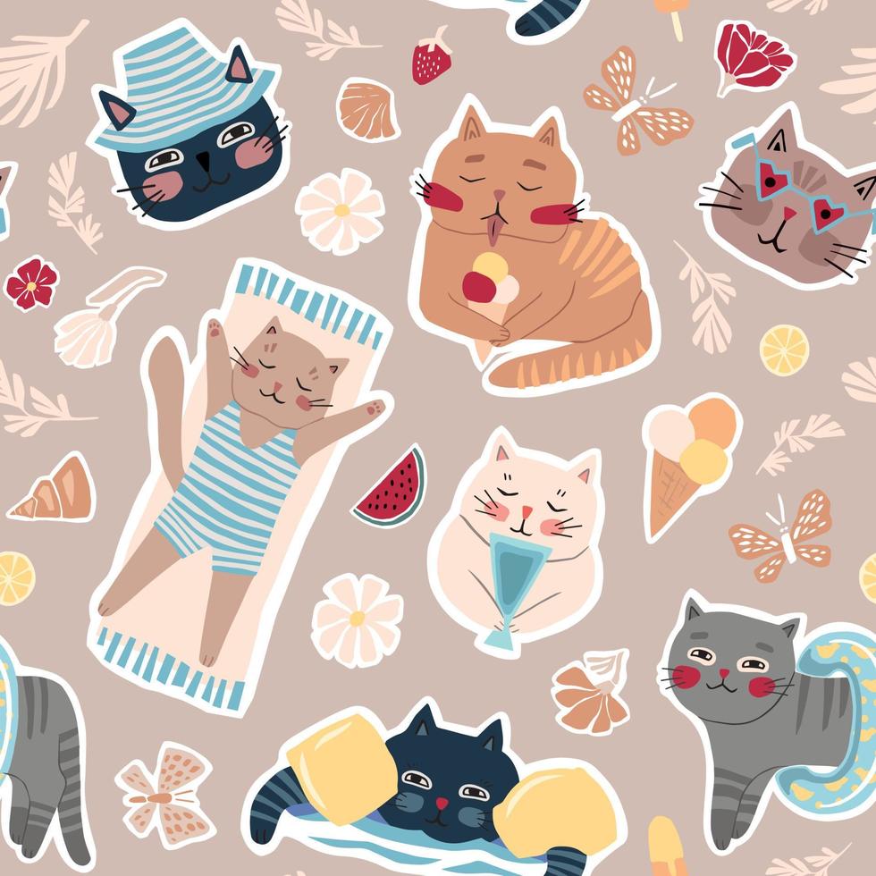 Cats on the beach on vacation. Cute childish flat illustration in gentle beige color. Seamless vector pattern for fabrics, wallpapers, wrapping paper.