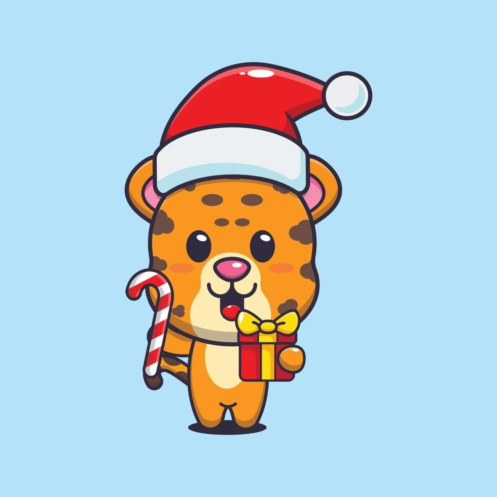 Cute leopard  holding christmas candy and gift. Cute christmas cartoon illustration. vector