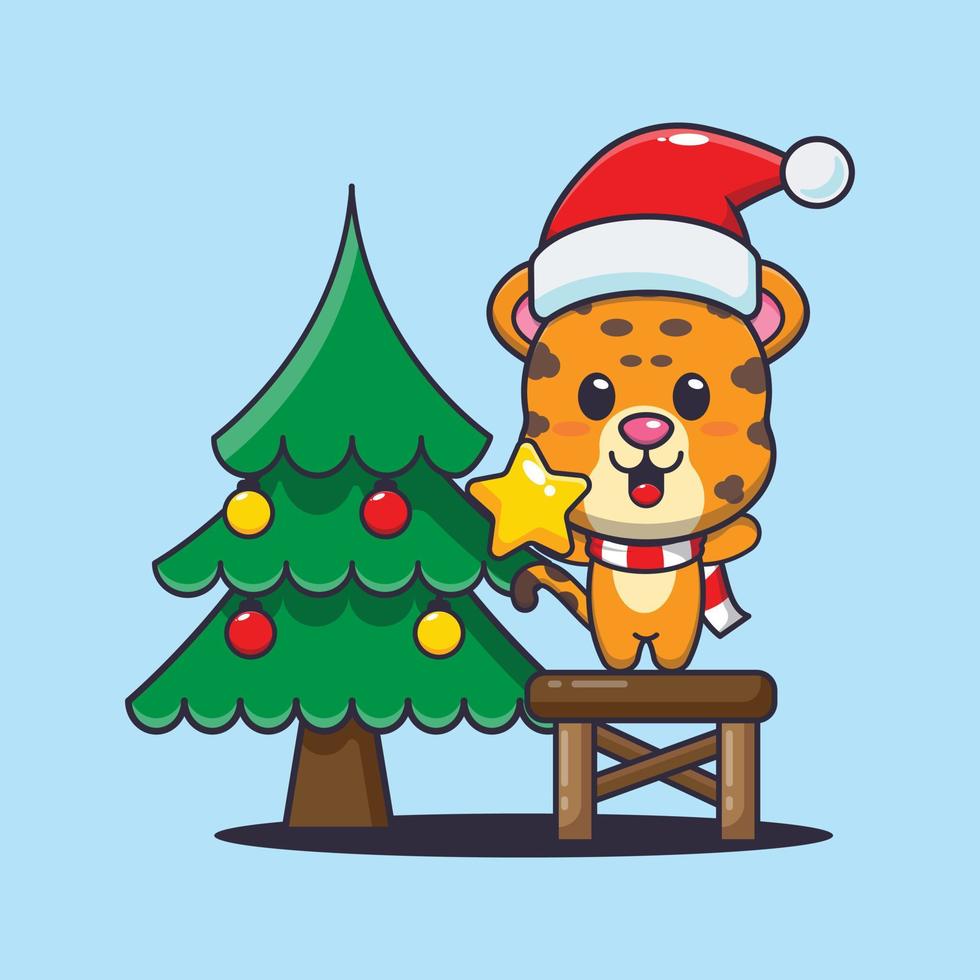 lindo leopardo tomando la estrella del árbol de navidad. linda ilustración de dibujos animados de navidad. vector