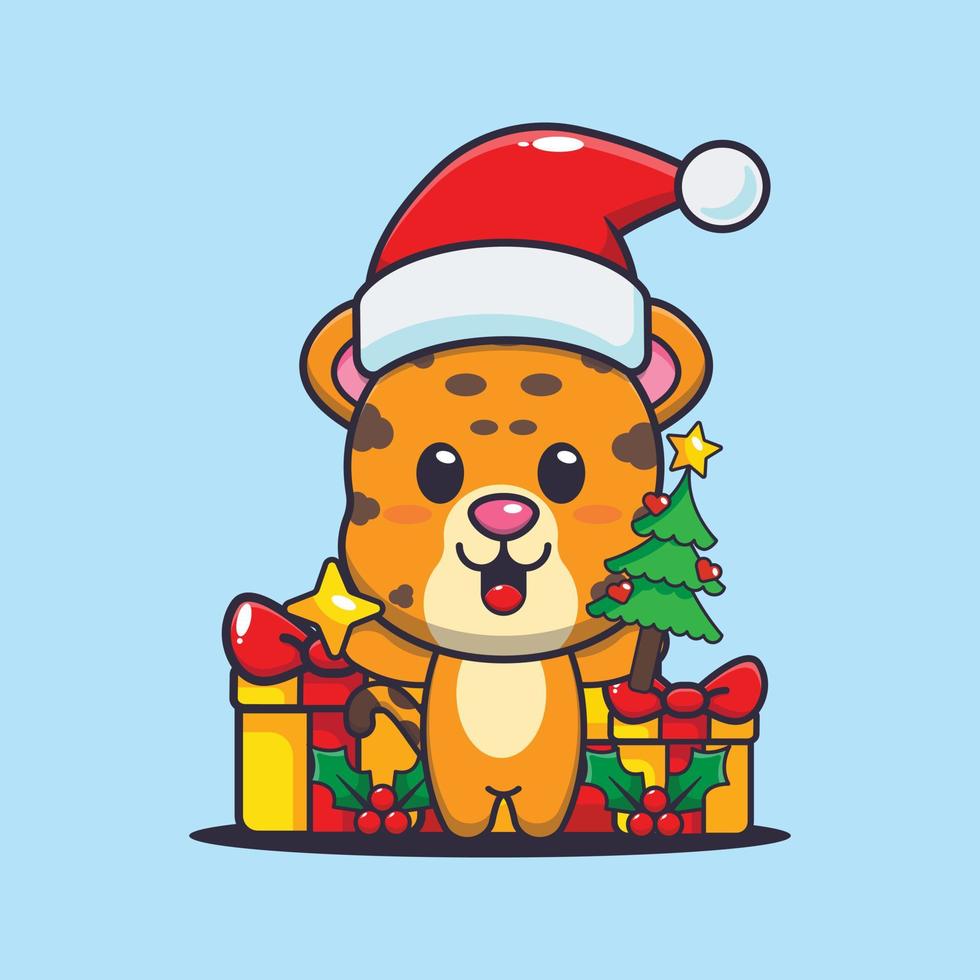 lindo leopardo con estrella y árbol de navidad. linda ilustración de dibujos animados de navidad. vector