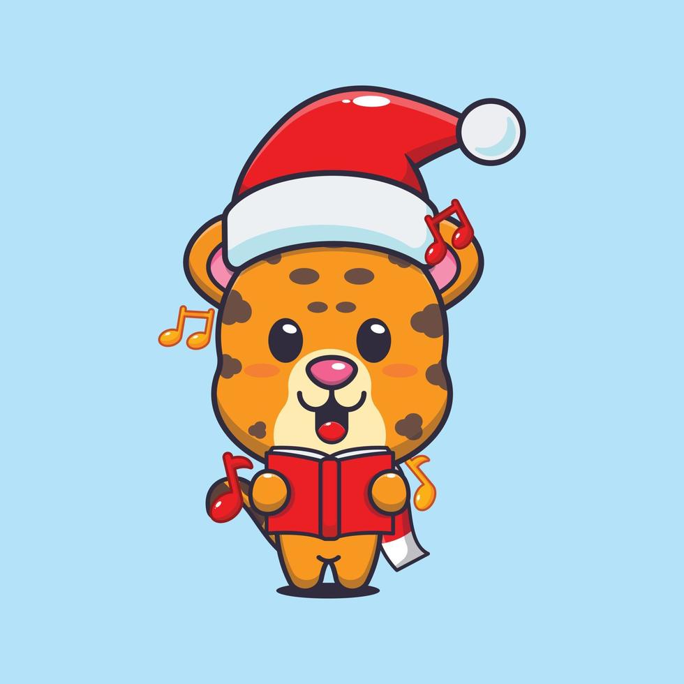 lindo leopardo canta una canción navideña. linda ilustración de dibujos animados de navidad. vector