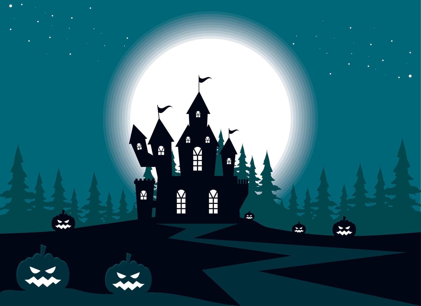 castillo de halloween y calabazas vector