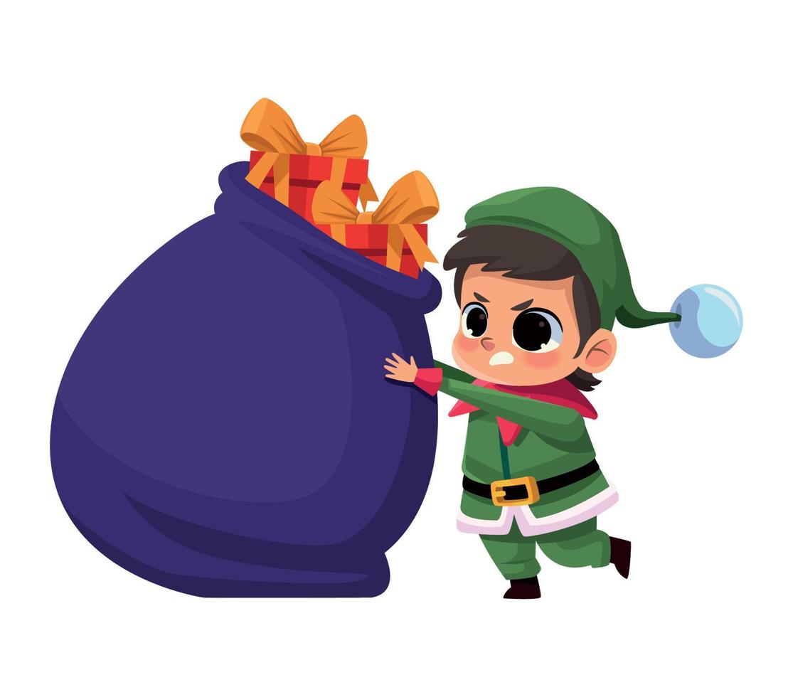 pequeño duende con bolsa de regalos vector