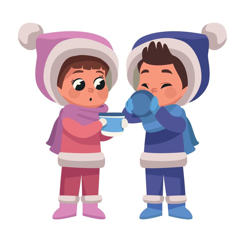 couple kids wearing winter clothes vector