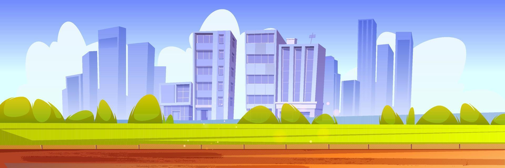 paisaje urbano con césped verde, arbustos y edificios vector