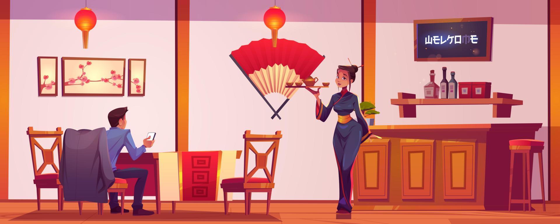 Chinese or japanese cafe with waitress and man 14176036 Vector Art at ...