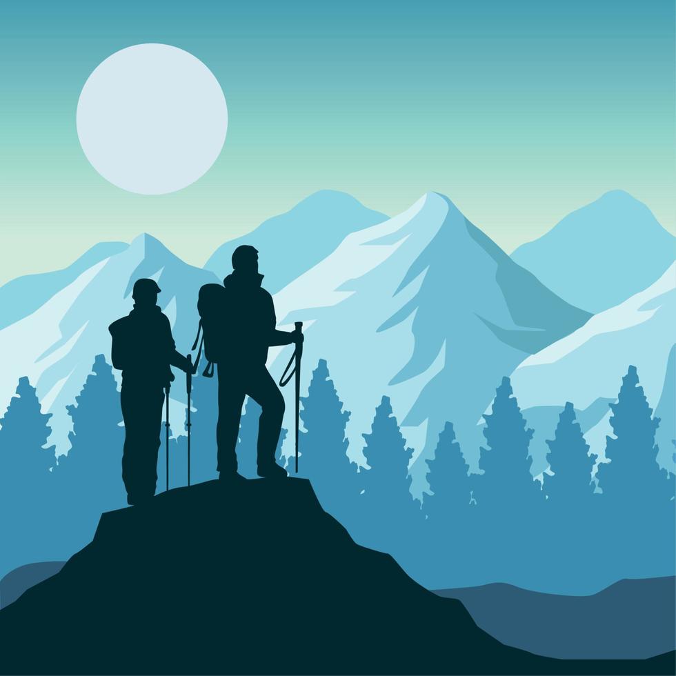 travelers silhouette in snowscape vector