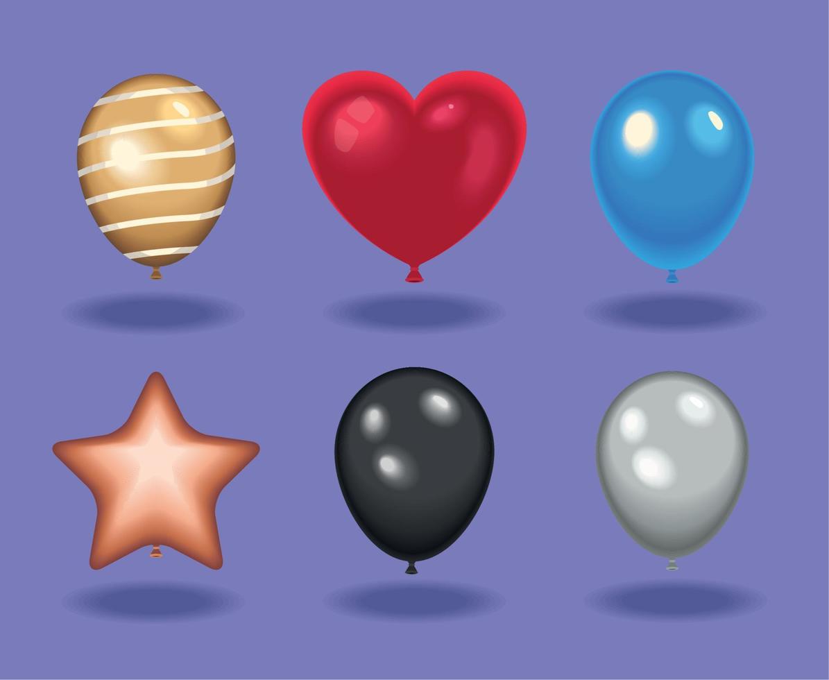 six balloons helium icons vector