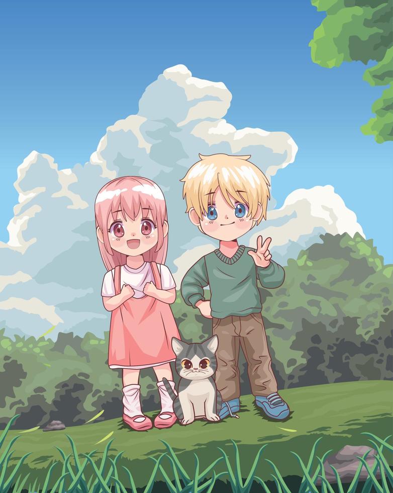 anime couple with cat in camp vector