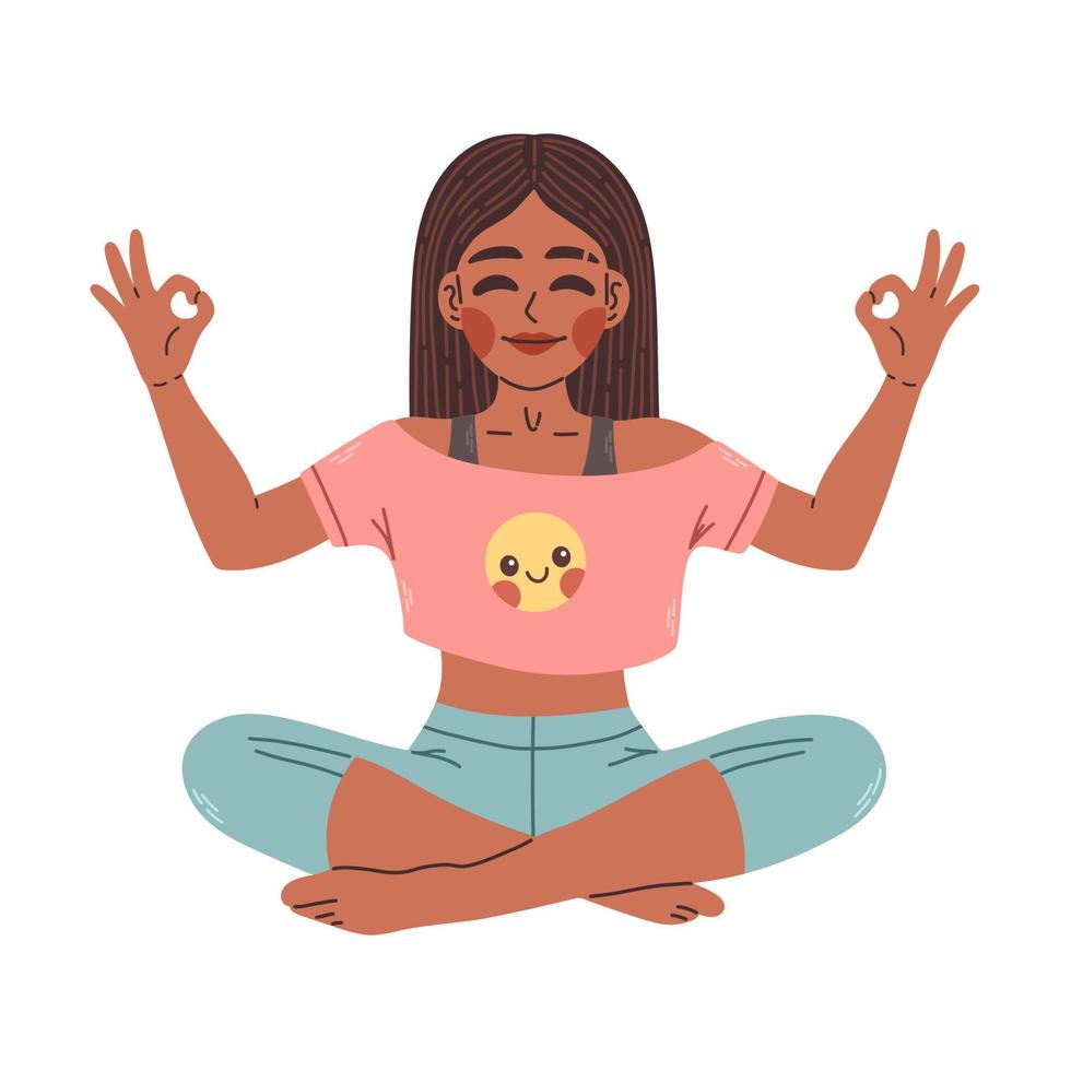 joven mujer negra sentada en pose de loto de yoga. ilustración de niña meditando. mujer de yoga, meditación, antiestrés vector