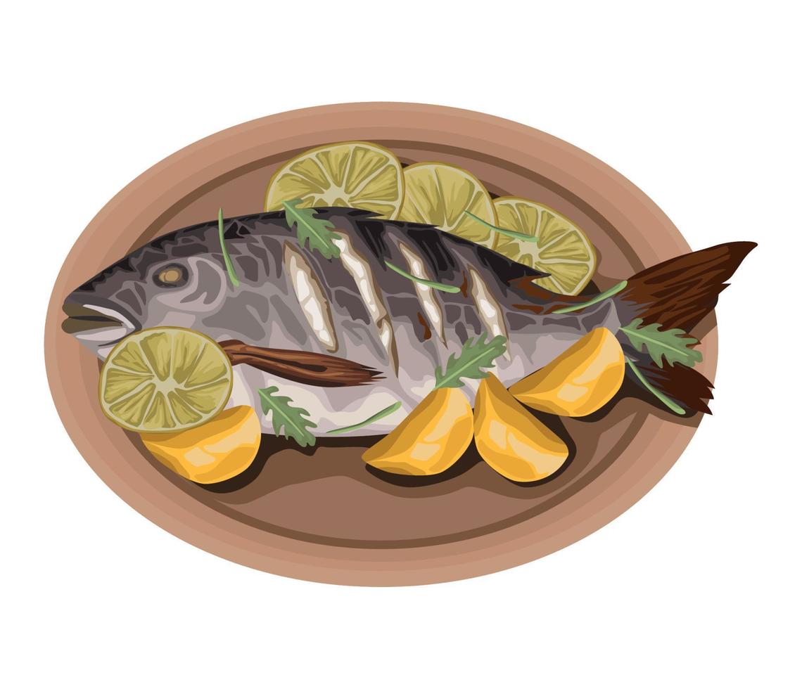 fish fried and lemon vector