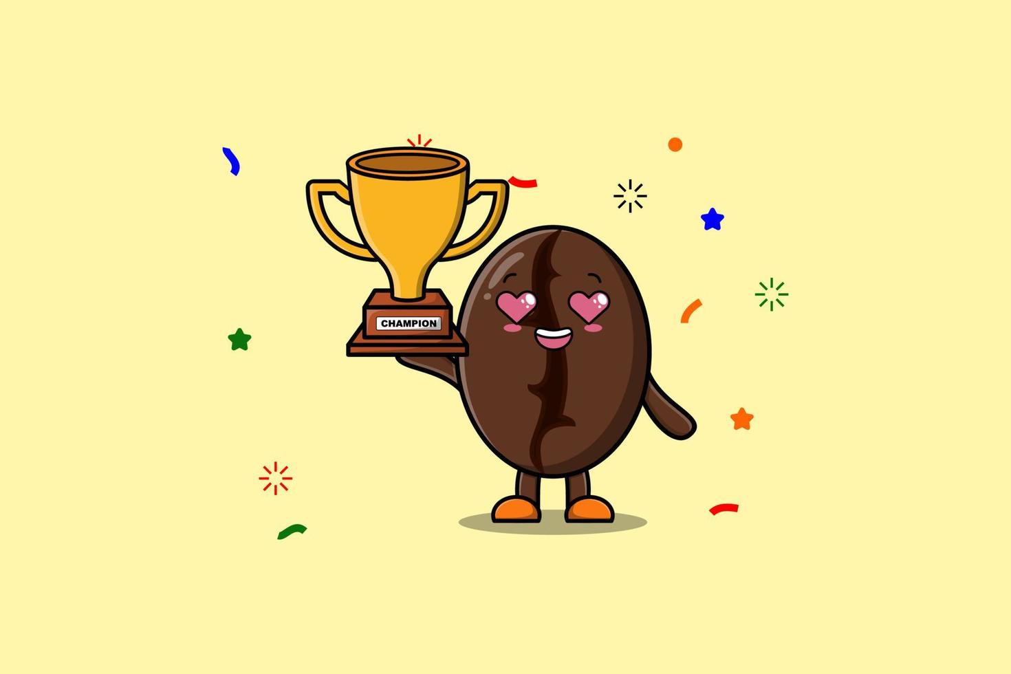 lindo personaje de dibujos animados granos de café con trofeo vector