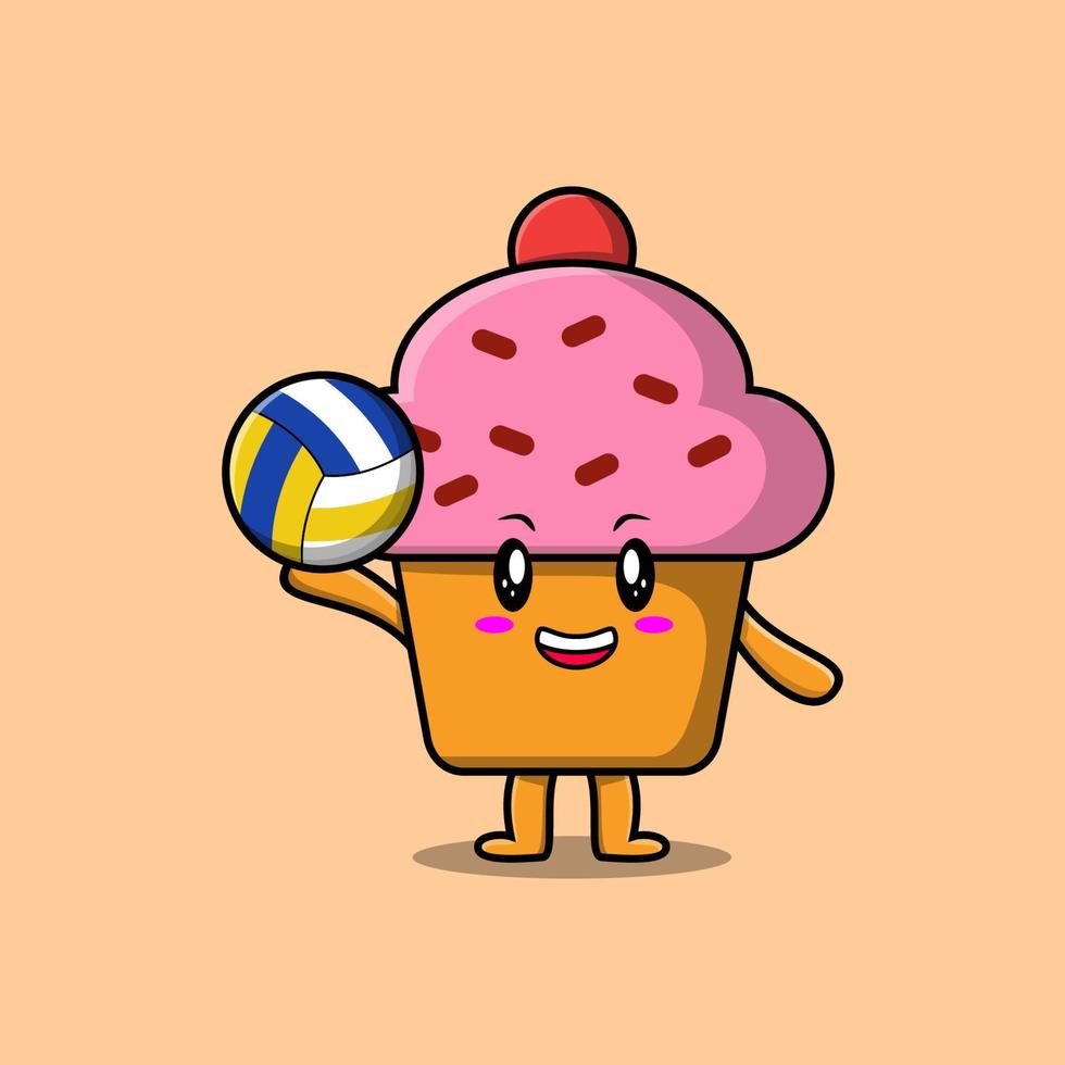 lindo personaje de cupcake de dibujos animados jugando voleibol vector