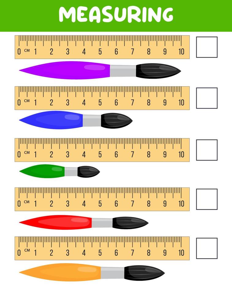 Measuring length  with ruler. Education developing worksheet. Game for kids.Vector illustration. practice sheets.Brush measurement in centimeters vector