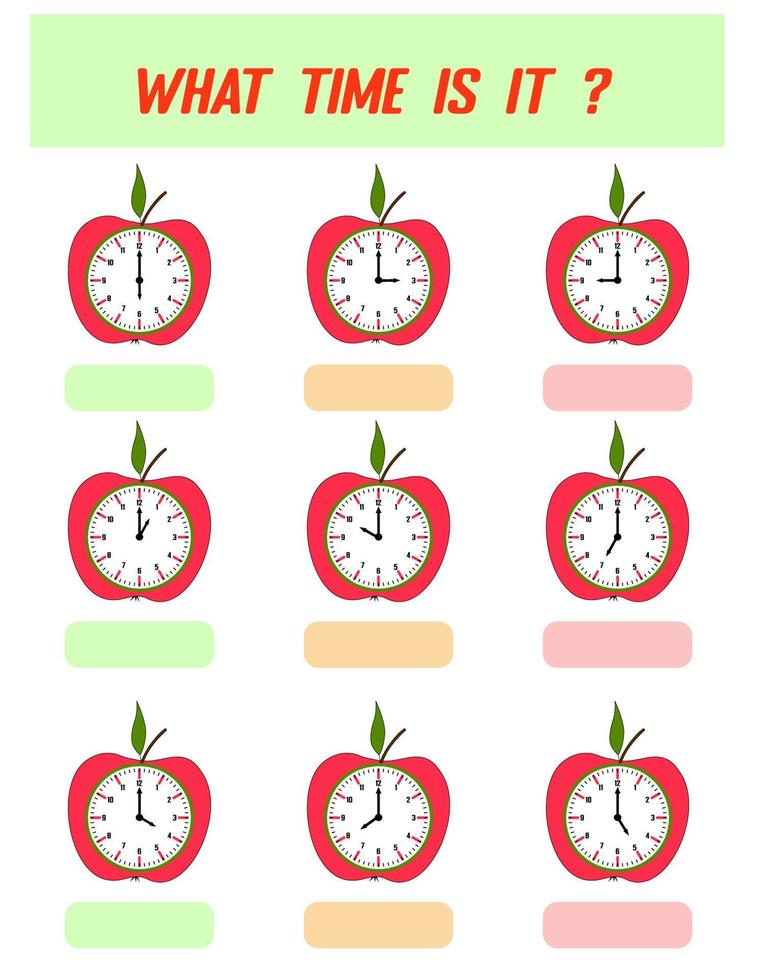 Qué hora es. tiempo de aprendizaje en el reloj. hoja de trabajo de actividad educativa para niños y niños pequeños. juego preescolar. rompecabezas con reloj. juego educativo para niños. vector