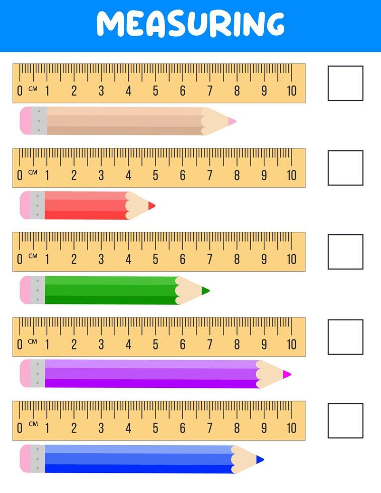 Measuring length  with ruler. Education developing worksheet. Game for kids.Vector illustration. practice sheets.Pencil measurement in centimeters vector