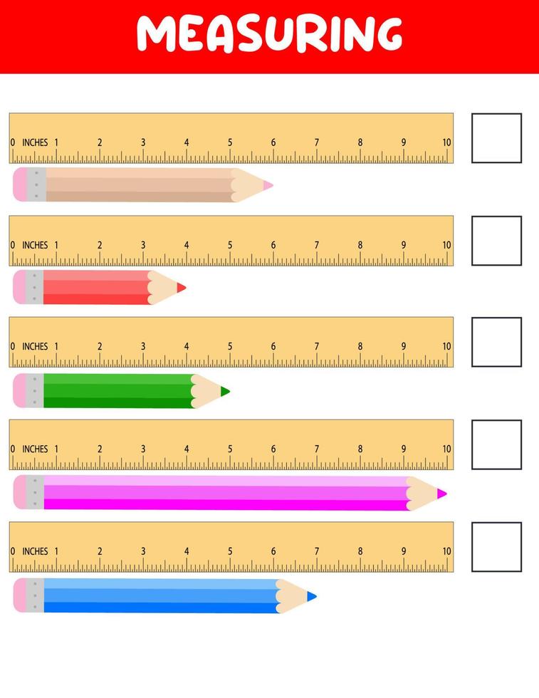 Measuring length  with ruler. Education developing worksheet. Game for kids.Vector illustration. practice sheets.Pencil measurement in inches vector