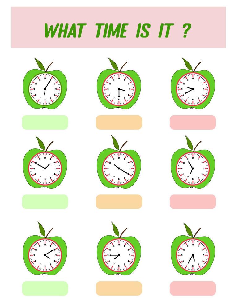 Qué hora es. tiempo de aprendizaje en el reloj. hoja de trabajo de actividad educativa para niños y niños pequeños. juego preescolar. rompecabezas con reloj. juego educativo para niños. vector