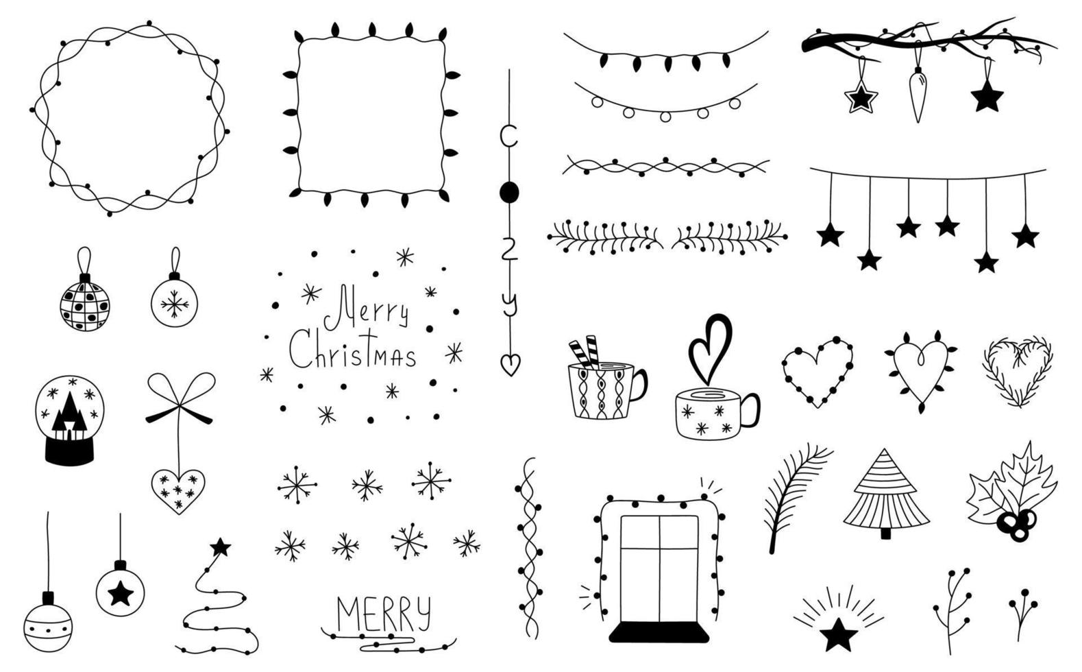 colección de garabatos navideños. conjunto de marcos navideños dibujados a mano, bordes, guirnaldas, adornos navideños, copos de nieve. ilustración vectorial de invierno para la decoración navideña vector