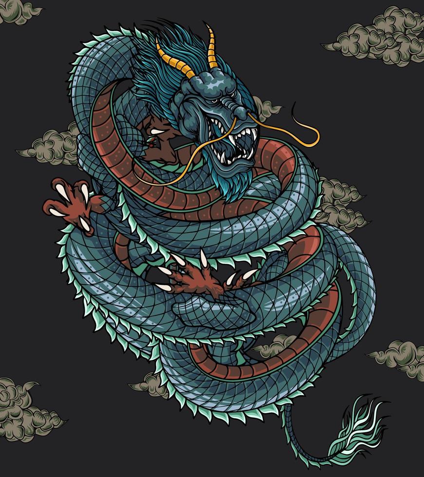 dragón chino con ilustración de vector de nube dibujada a mano