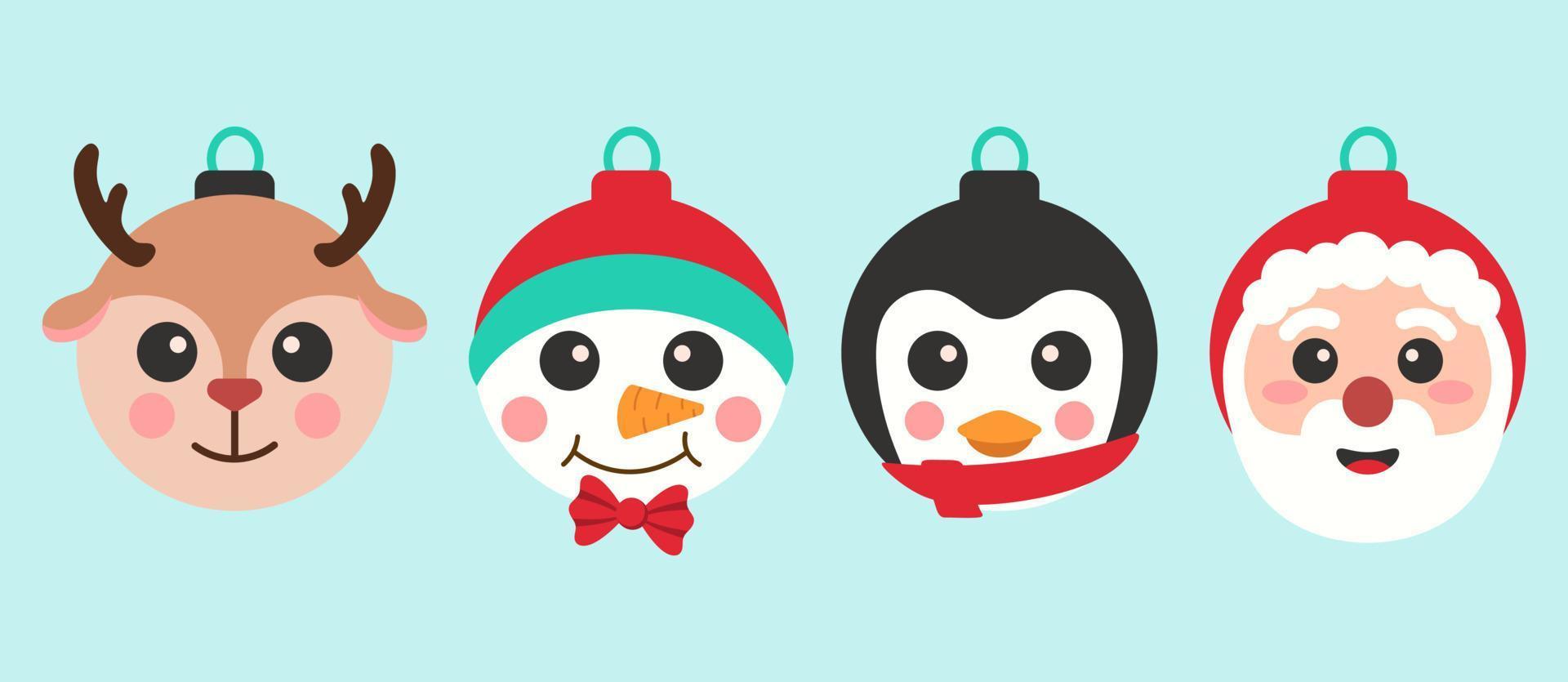 Set Of Colorful Christmas Balls With Fun Faces Vector Illustration In Flat Style