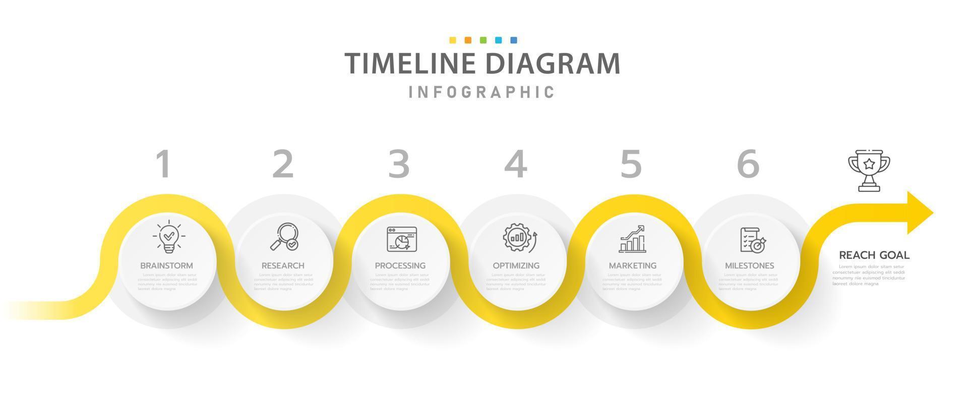 plantilla infográfica para negocios. Diagrama de línea de tiempo moderno de 6 pasos con temas de círculo de progreso, infografía vectorial de presentación con iconos. vector