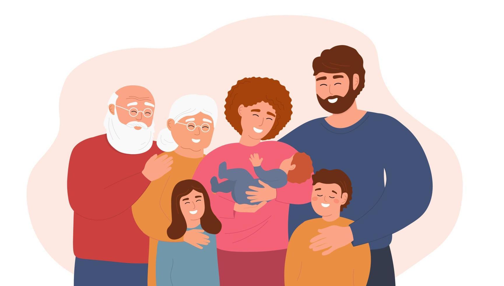 A big happy family embraces. Grandparents, parents and children. Several generations together. A mother holds a baby in her arms. Vector graphics.