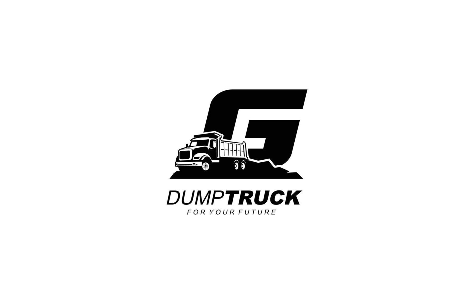 G logo dump truck for construction company. Heavy equipment template vector illustration for your brand.