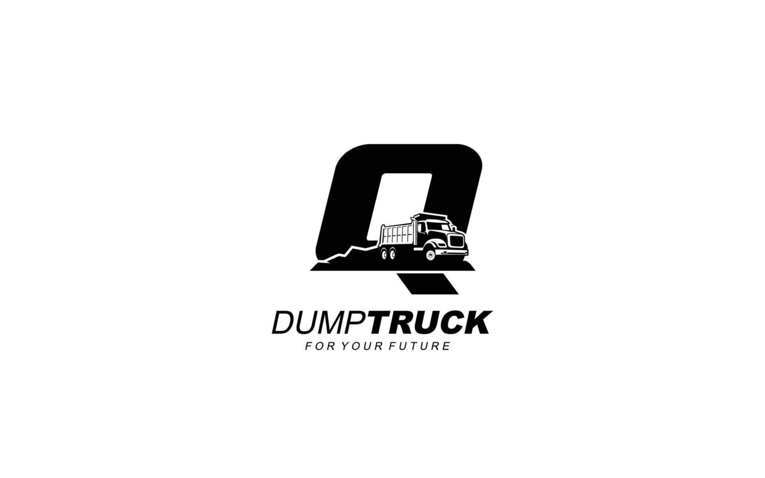 Q logo dump truck for construction company. Heavy equipment template vector illustration for your brand.