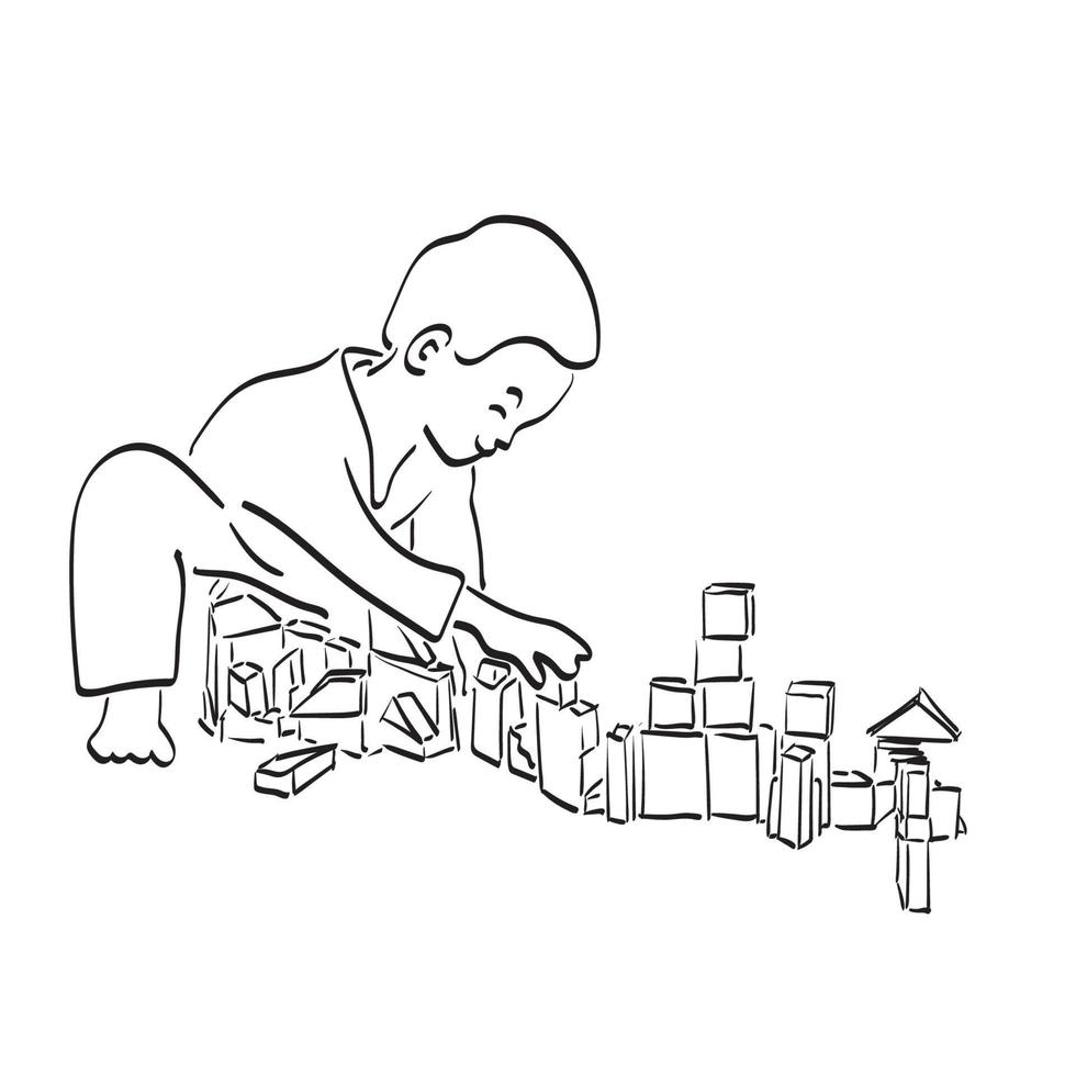 line art male child playing building blocks toys illustration vector ...