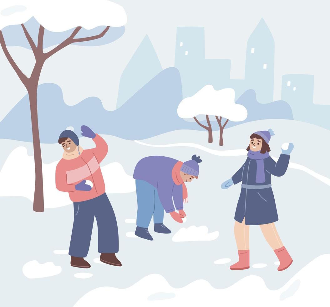 Children throwing snowballs. Smowball fight. Boys and girl playing outside in winter. Winter activity. Public park. Flat vector illustration.