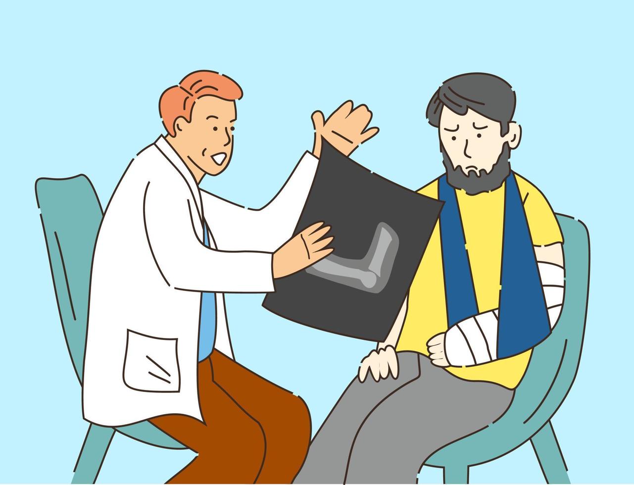 Doctor shows x-ray scan of arm to the patient. Broken arm. Broken bone. Cast. Radiologist. Flat vector illustration.