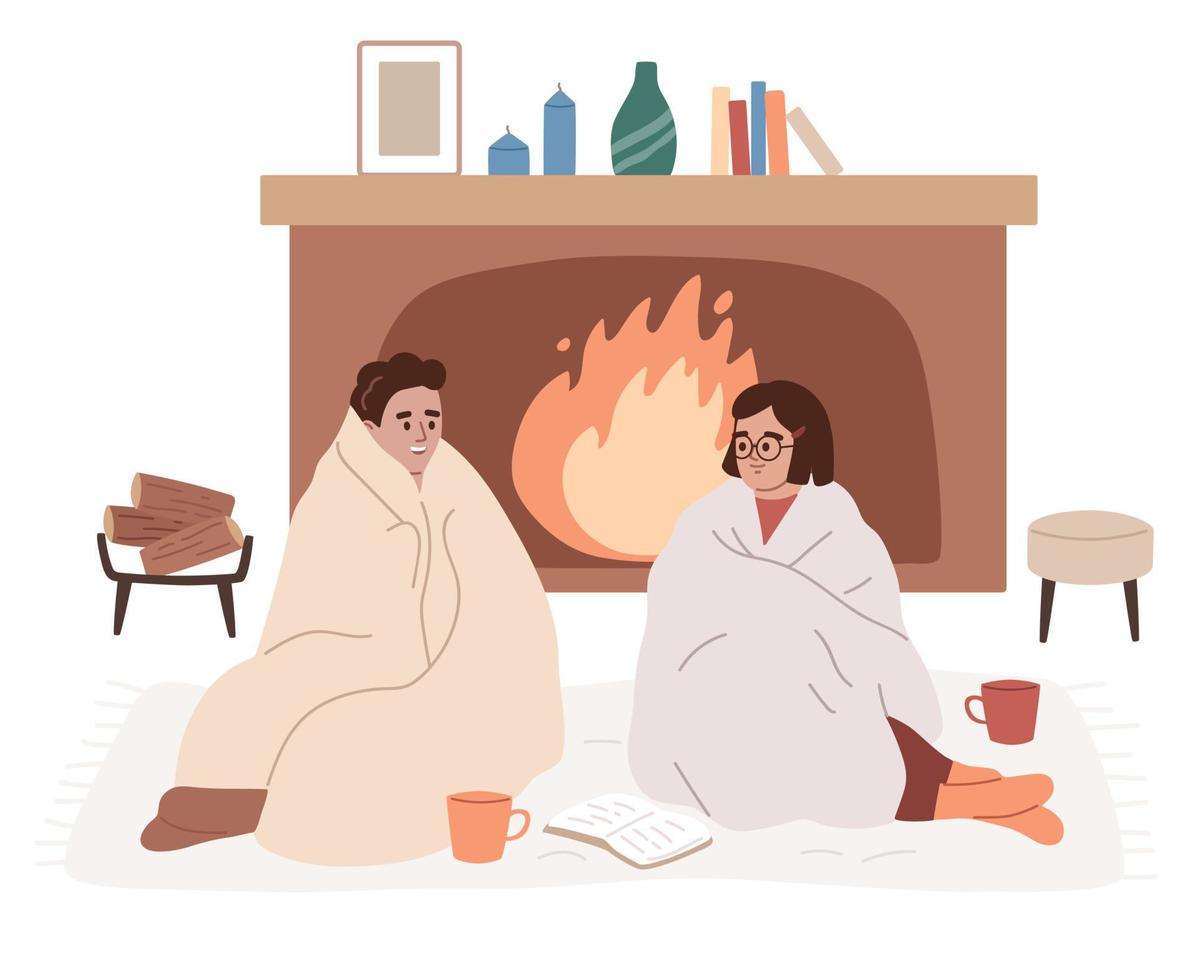 Man and woman sitting near fireplace wrapped in blankets. Warming up on cold winter day. Energy crisis. Economy of gas. Cozy home. Hot drinks. Web. Cartoon flat vector illustration. Unheated house.